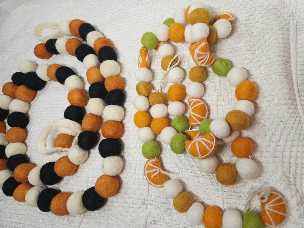 Pom Pom Garland Fall Thanksgiving Halloween Wool Felt White Orange Holiday Decor